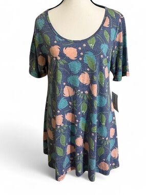LuLaRoe Top Sz L PERFECT T Floral Print Side Slit Short Sleeves Round Neck